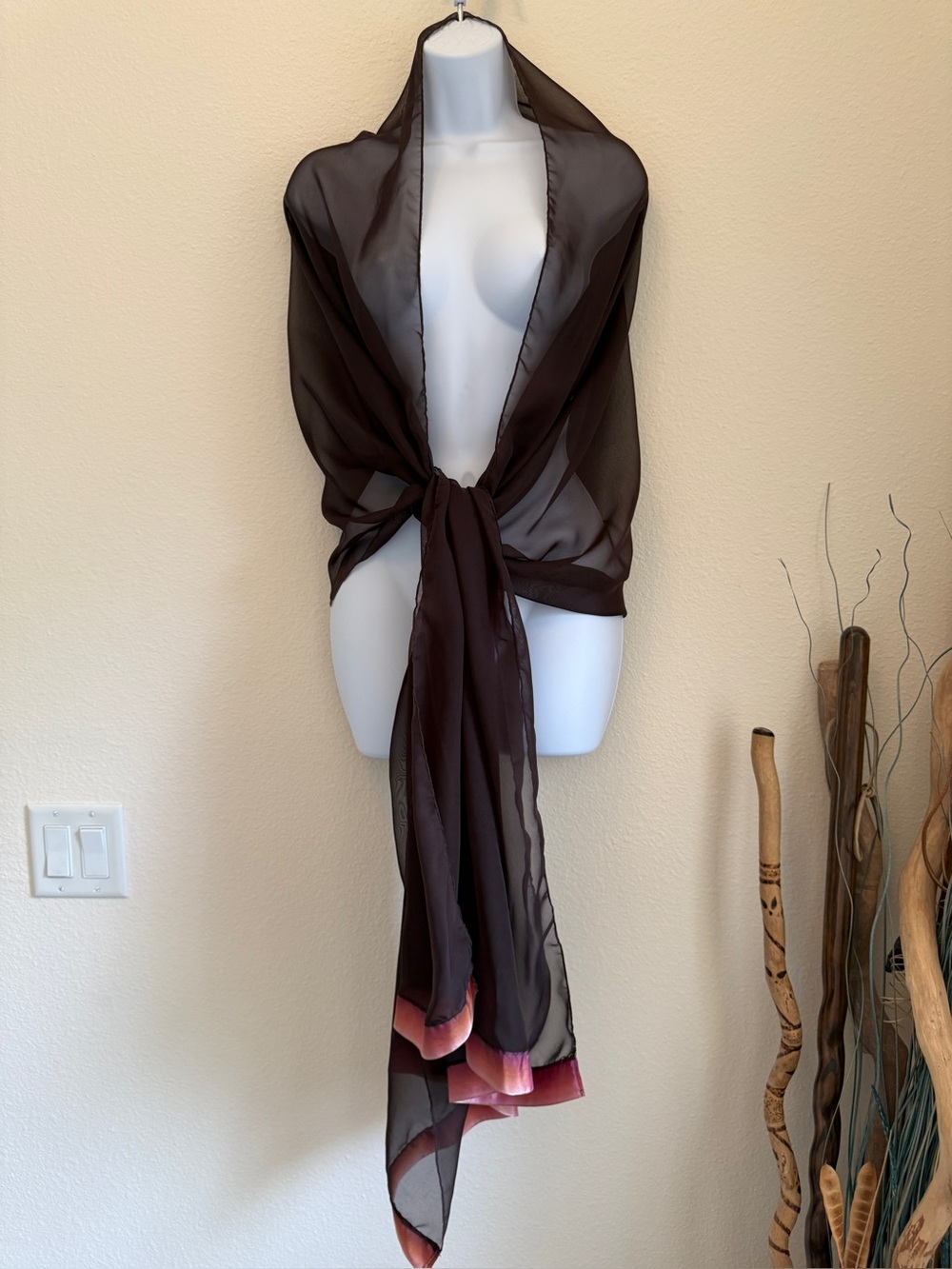Chiffon Wrap Scarf Brown Sateen Ombre Pink Coral Trim